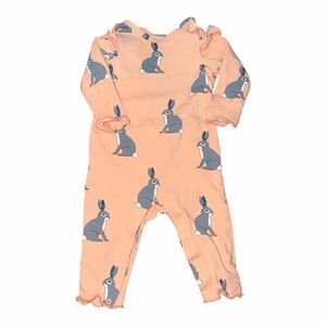 Tea collection Peach Bunny Print Baby Romper Sz 6-9m Easter Spring ruffled